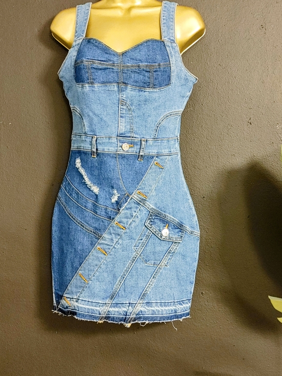 Dresses & Skirts - Denim Mini Dress with Patchwork Detail - Light Blue